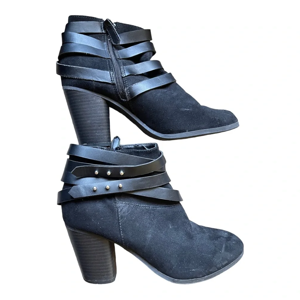 Material Girl Strappy Moto Studded Ankle Boots‎ Black 8.5